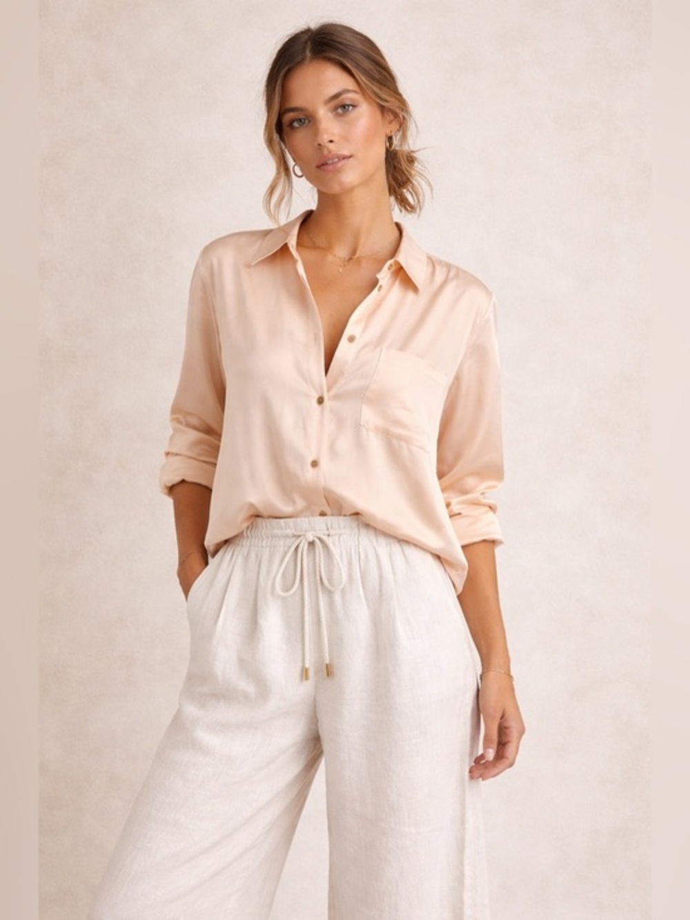 Broadway & Broome Silk Lovely Peach Button Down Career Wear Luxurious Top M